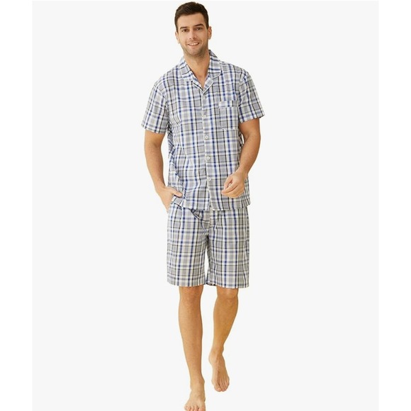 Latuza Men's Plaid Pajama Shirt Shorts Set Sz XL Blue White Soft Cotton - Picture 1 of 16